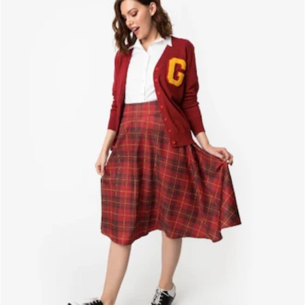 Unique Vintage Harry Potter Retro Red Plaid High Waist Swing Skirt Gryffindor